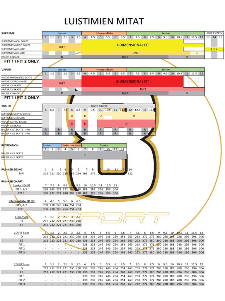 S24 BAUER KONEKT HF2 GOAL SKATE SIZETABLE